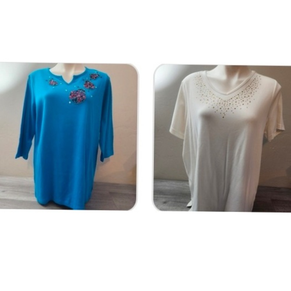 Quacker Factory by Jeanne Bice  Set (2) Tunic Size 1X Embellished Blue Whire Top
